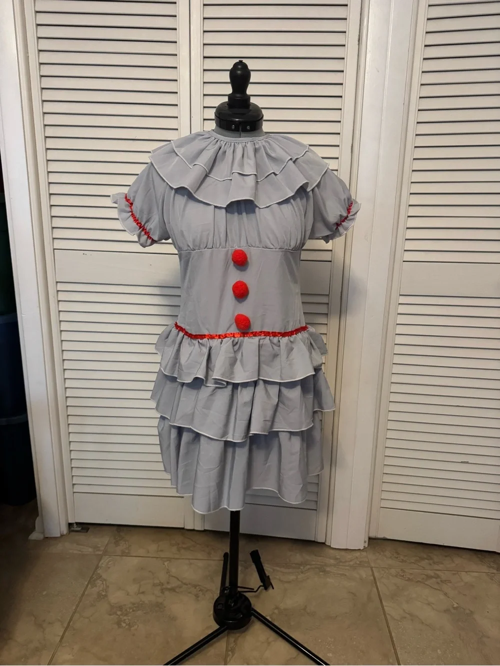 Light Gray Ruffle Tiered Dress Clown Costume with Red Accents